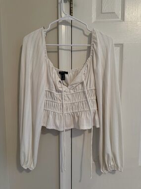 Forever 21 White Smocked Peasant Blouse with Tie Front